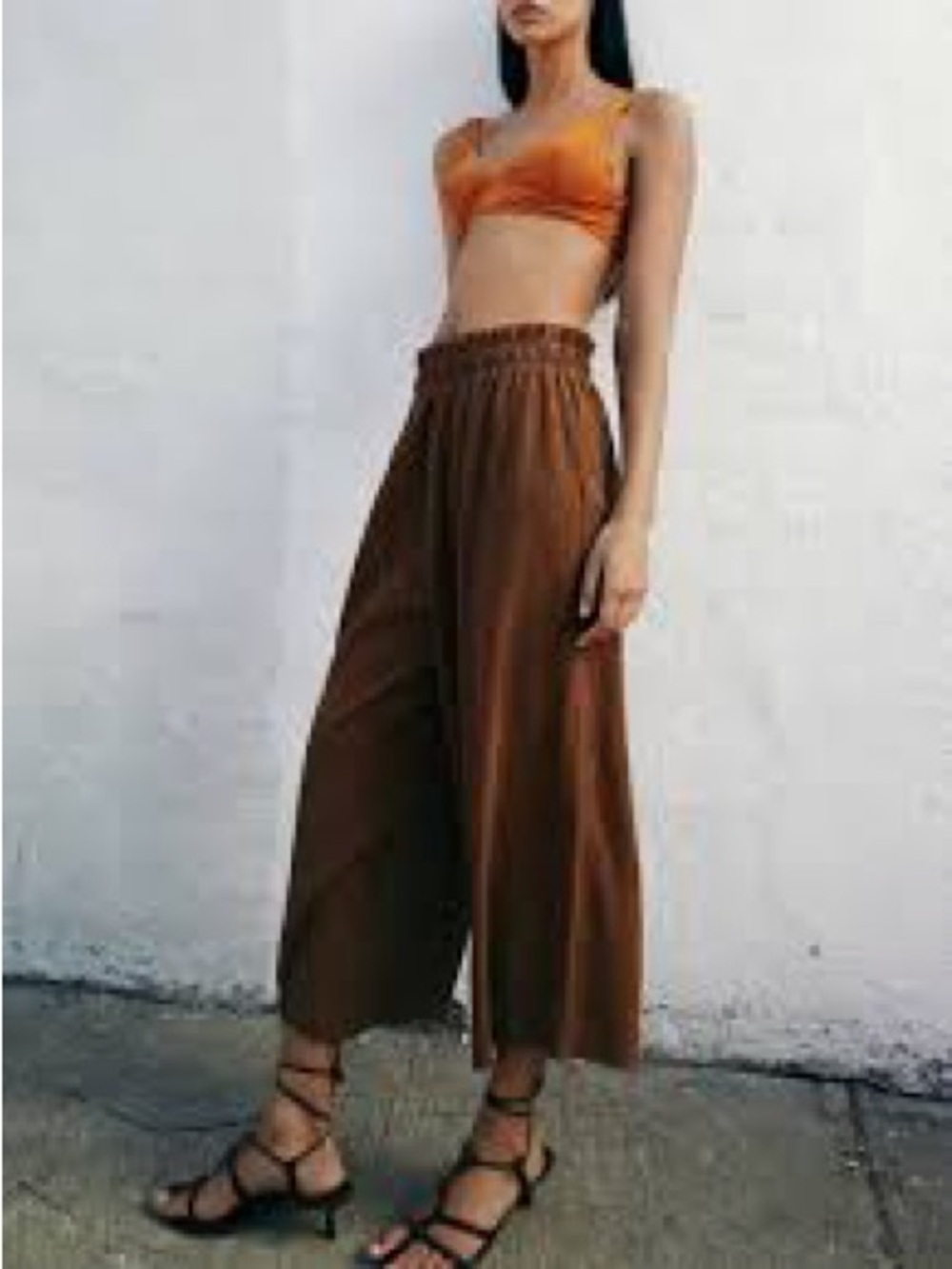 Zara Crinkle Wide-Leg Rust Brown Culottes Pull On Pants  Size Medium